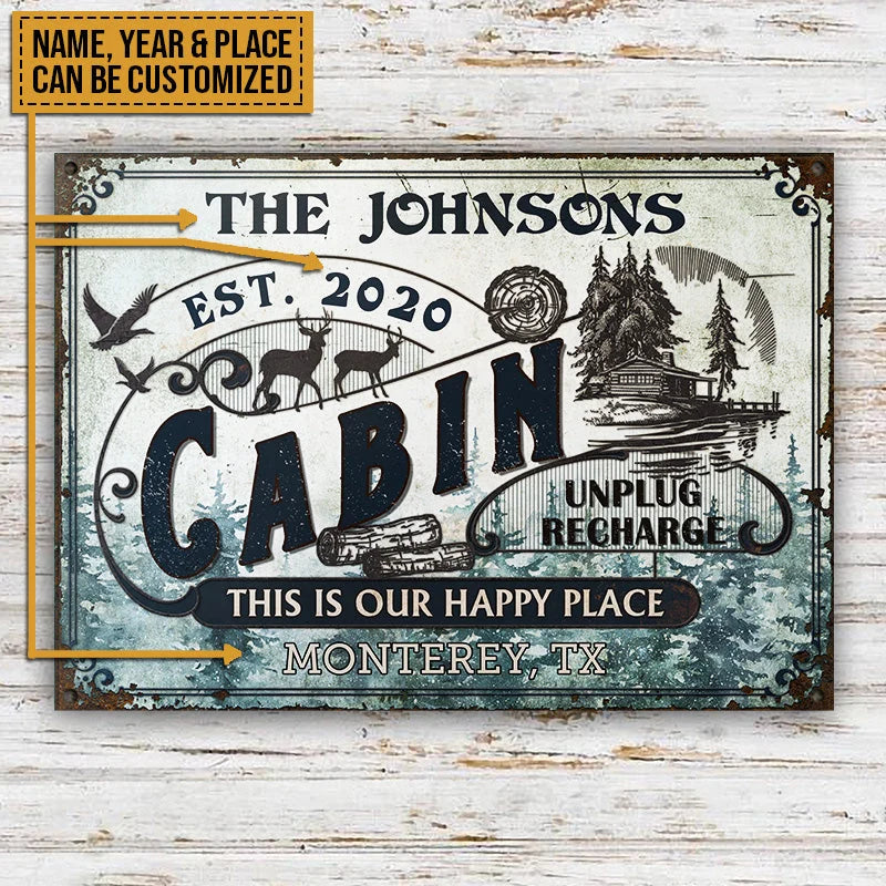 This Is Our Happy Place Personalized Cabin Metal Sign - Custom Family Name Wall Decor