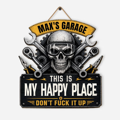 "This Is My Happy Place" Personalized Garage Wood Sign - Custom Skull Wall Decor for Him