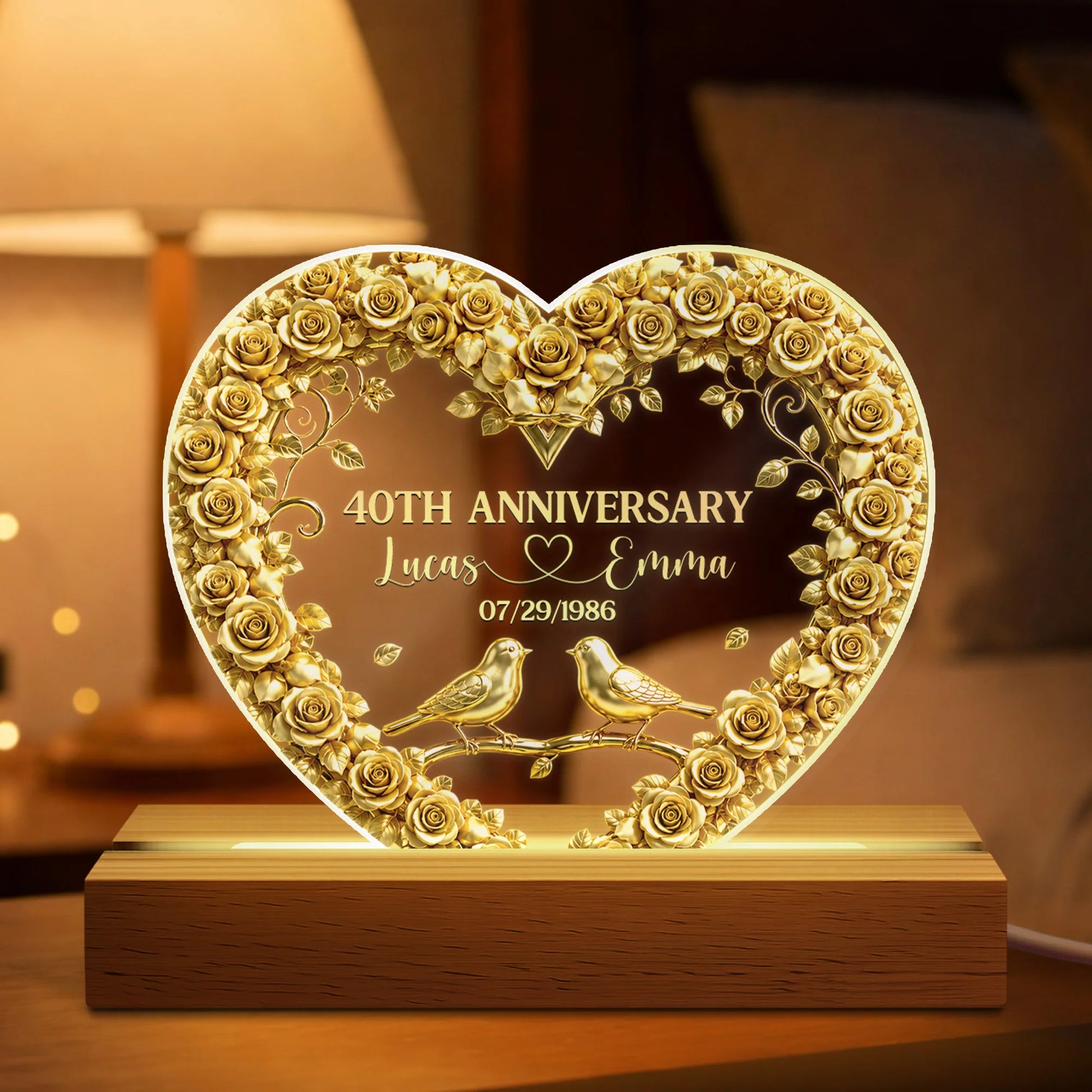 40th Anniversary Personalized LED Night Light - Custom Golden Wedding Keepsake Gift for Couples
