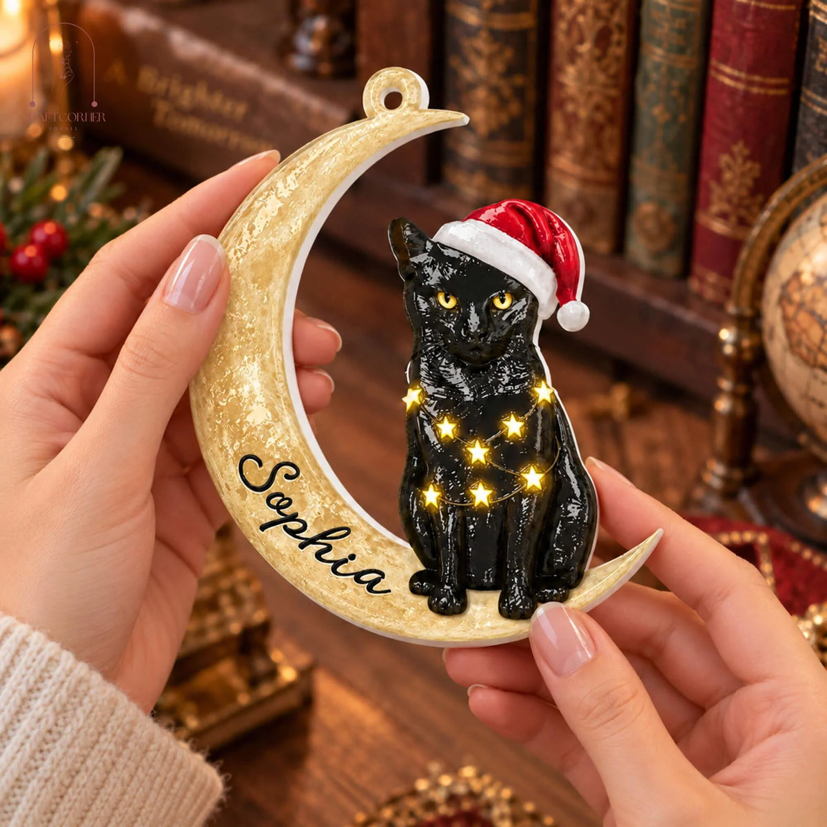 Custom Black Cat on Crescent Moon Wooden Ornament - Cat Lovers Christmas Tree Decor
