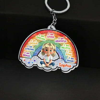 I Am Loved, I Am Grateful, Cartoon Girl Keychain