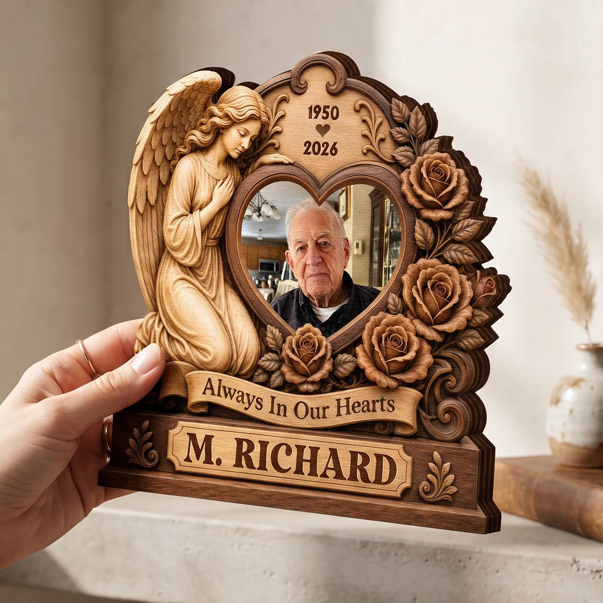 Always In Our Hearts Angel Photo Wooden Block - Personalized Sympathy Gift for Loss of Loved One