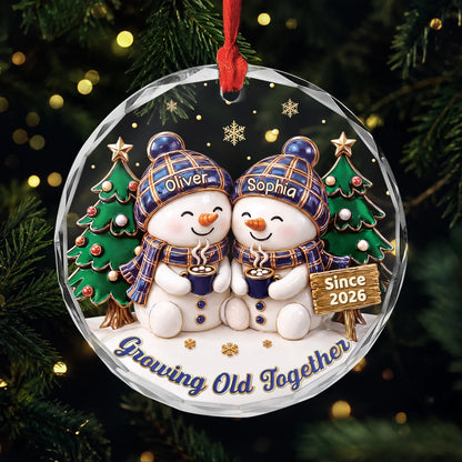 "Growing Old Together" Snowman Couple Personalized Glass Ornament - Custom Christmas Gifts for Husband & Wife