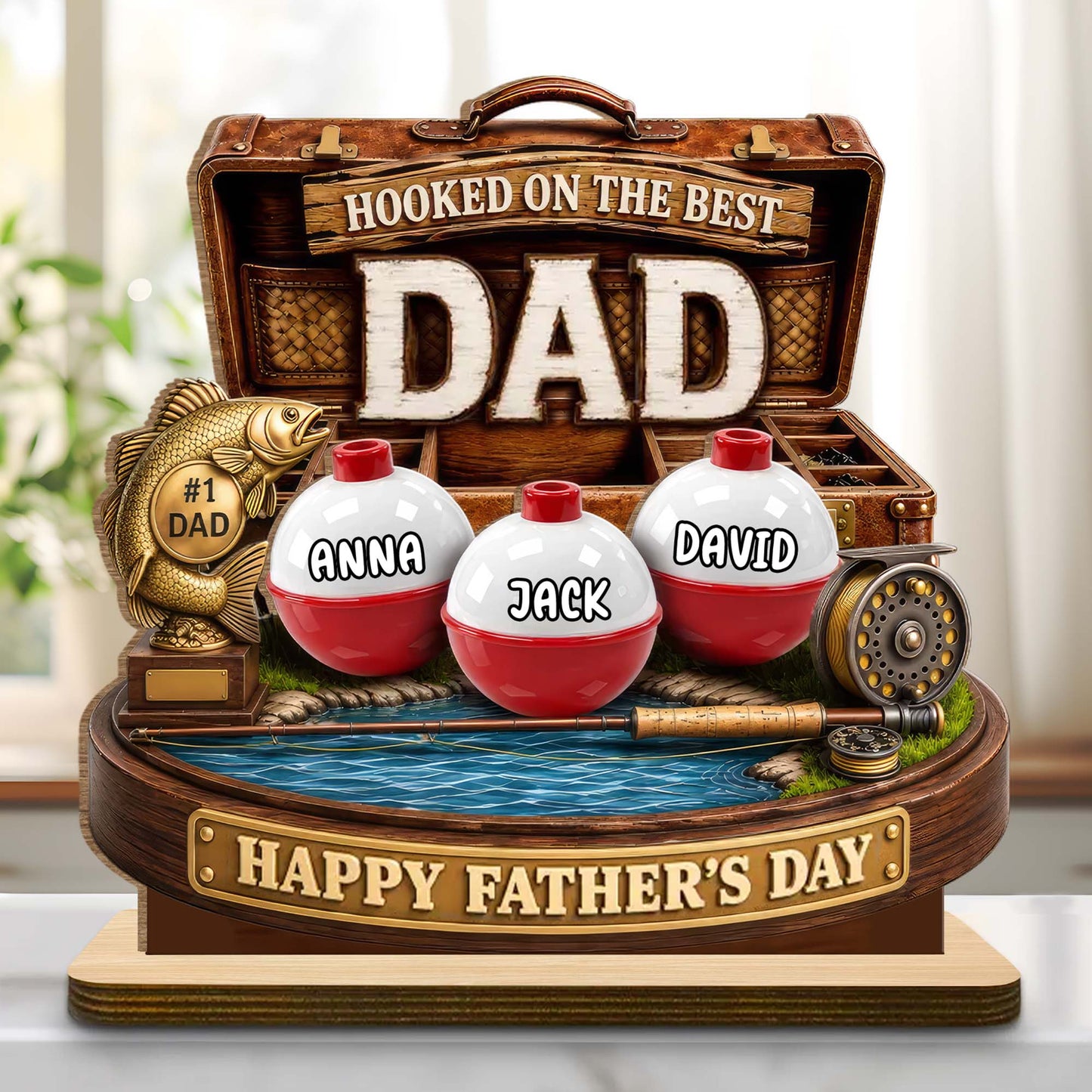 Personalized fishing dad wood plaque desk decor featuring custom kid name bobbers and tackle box design for Father's Day image 8