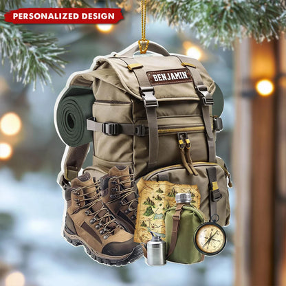 Custom Hiking Backpack Acrylic Ornament - Personalized Christmas Camping Gift for Hikers