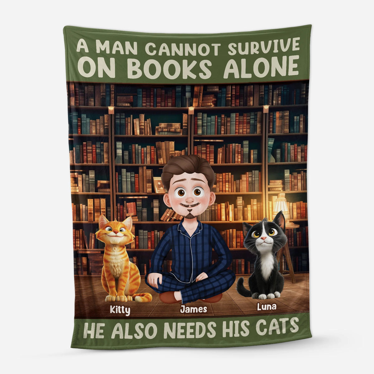 Cannot Survive On Books Alone Personalized Blanket - Custom Gift for Cat Lovers and Readers