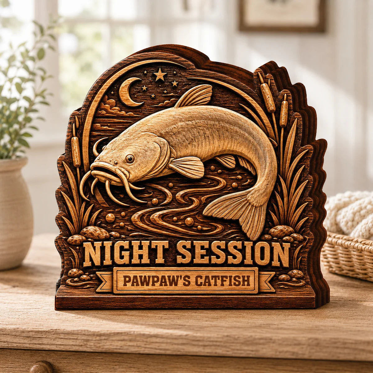 "Night Session" Personalized Catfish Fishing Wooden Block - Custom Gift for Fisherman