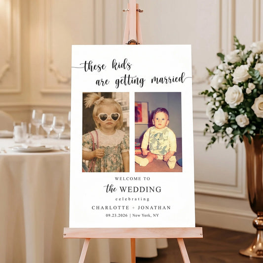 Personalized wedding welcome sign with custom childhood photos for couples wedding decoration