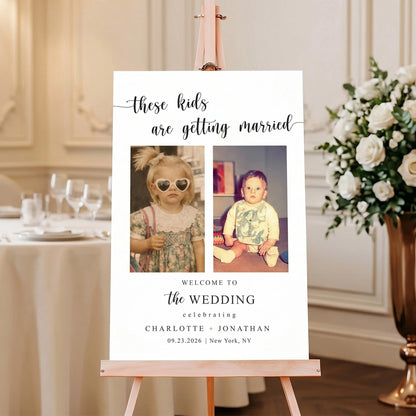Personalized wedding welcome sign with custom childhood photos for couples wedding decoration