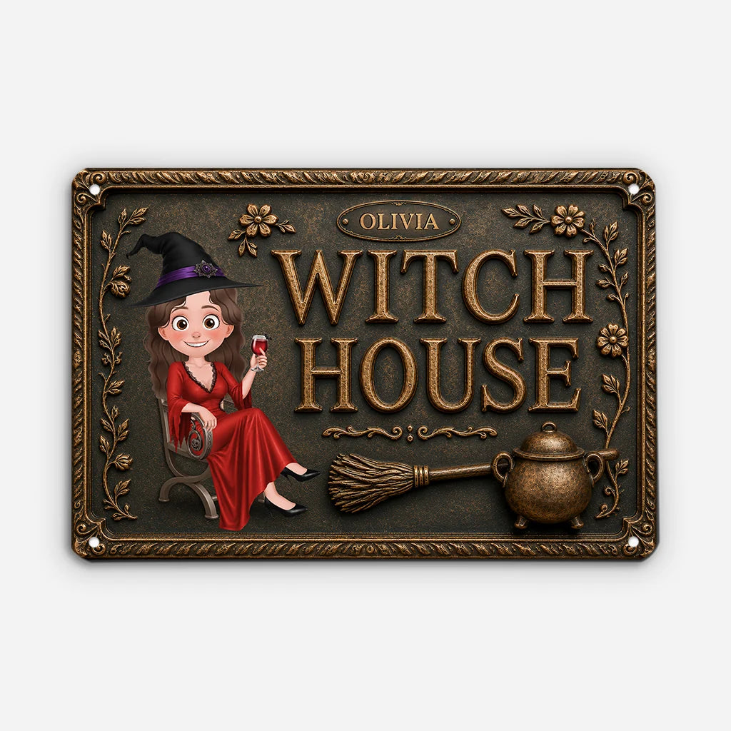 "Witch House" Personalized Halloween Decor Metal Sign - Custom Spooky Wall Art