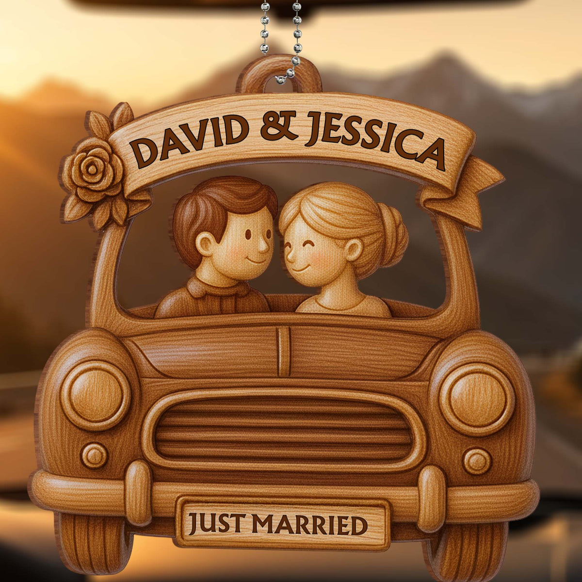 Just Married, Couple In Car With Rose