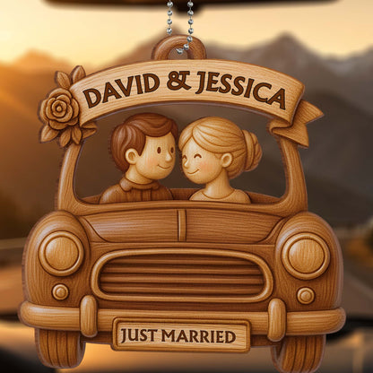 Just Married, Couple In Car With Rose