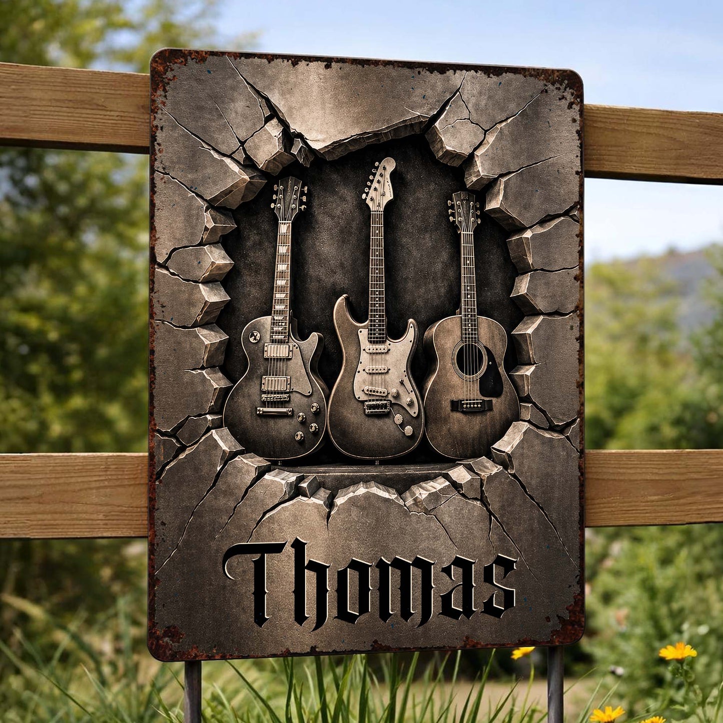 Personalized metal guitar sign with 3D cracked wall effect and custom name for music lovers image 9