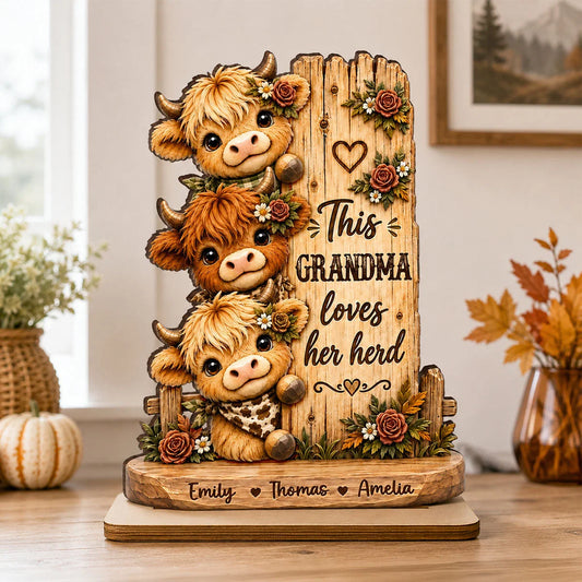 "This Grandma Loves Her Herd" Personalized Wooden Plaque - Custom Highland Cow Name Gift