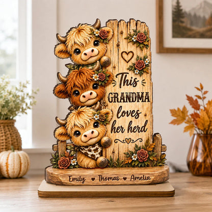 "This Grandma Loves Her Herd" Personalized Wooden Plaque - Custom Highland Cow Name Gift