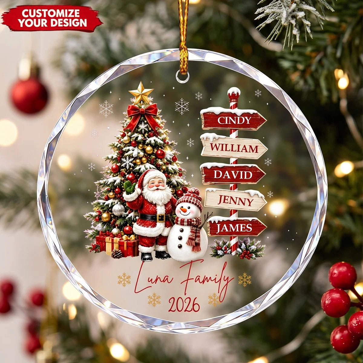 Personalized Family Signpost Glass Ornament - Custom Name Keepsake Christmas Gift