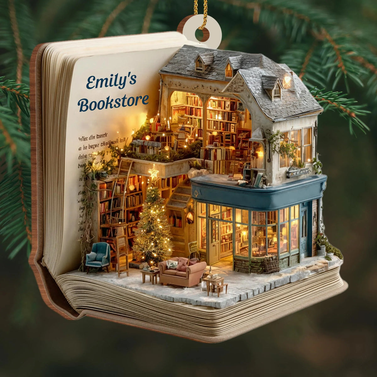 Cozy Bookstore Scene Personalized Wooden Ornament - Book Lovers Custom Holiday Gift