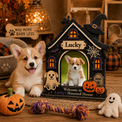 Welcome to Haunted House Personalized Wooden Block - Custom Halloween Dog Photo Gift