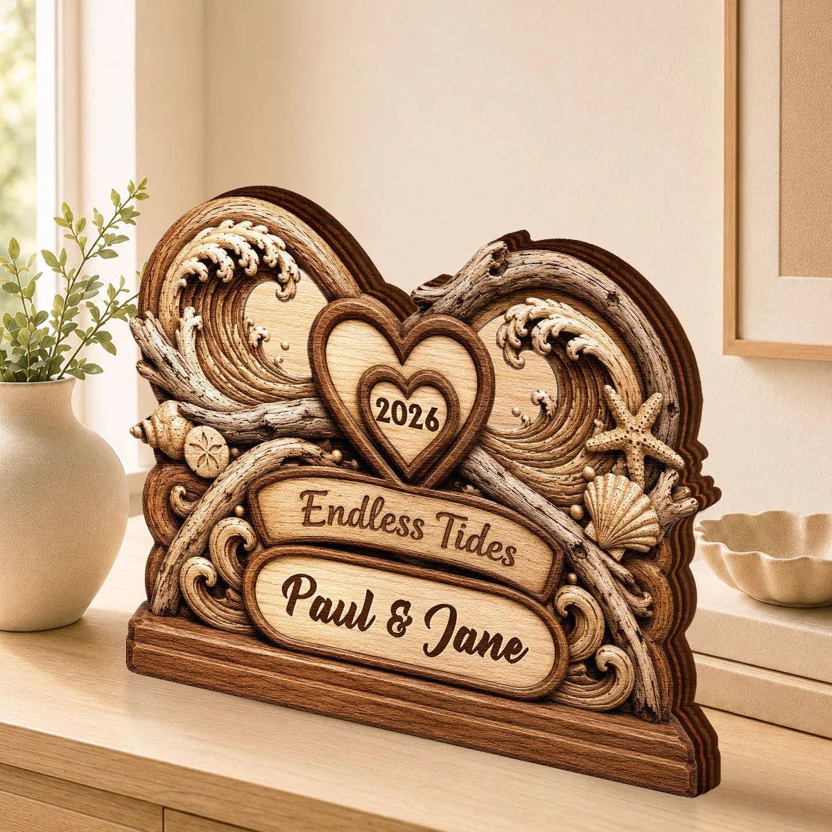Endless Tides Personalized Wooden Block - Custom Ocean Waves Couple Keepsake Anniversary Gift for Wife Husband