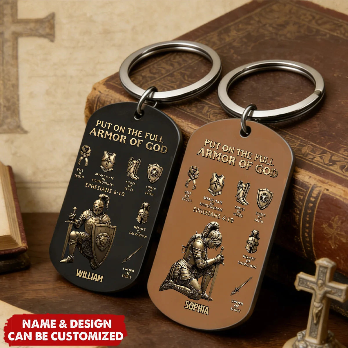 "Put On The Full Armor Of God" Personalized Christian Keychain - Custom Faith Gift for Son Daughter