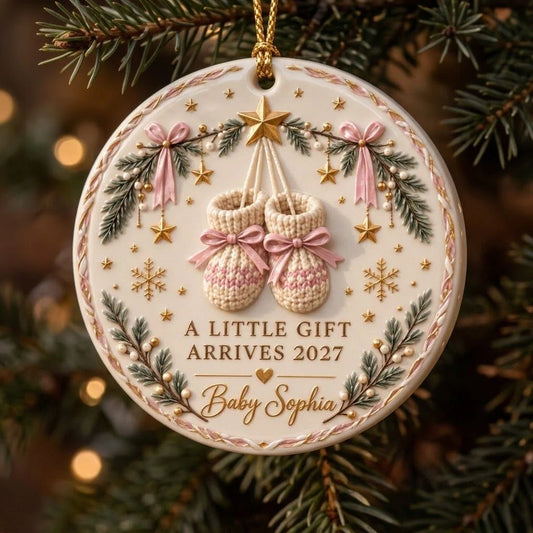 A Little Gift Arrives 2027 Personalized Pregnancy Announcement Ornament - Christmas Keepsake for Expecting Mom