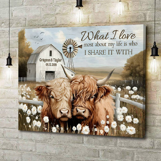 "What I Love Most About My Life" Personalized Highland Cow Canvas / Poster - Custom Wall Art for Couples Anniversary Gift