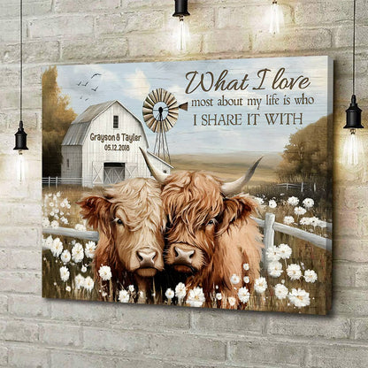 "What I Love Most About My Life" Personalized Highland Cow Canvas / Poster - Custom Wall Art for Couples Anniversary Gift