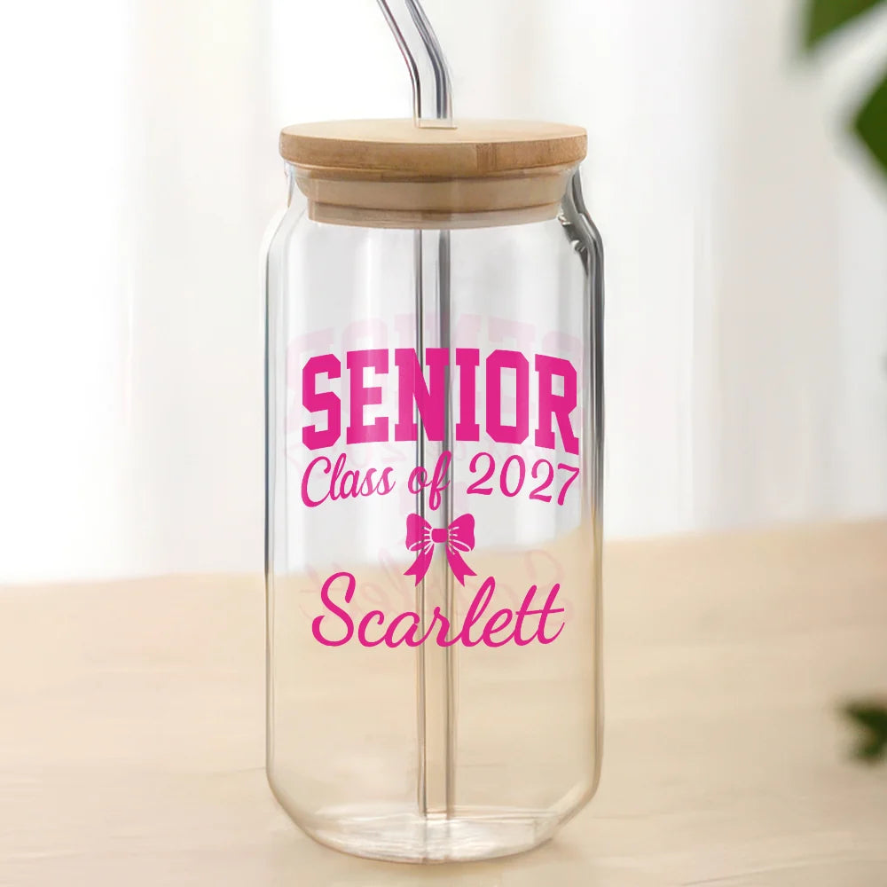 Senior Class of 2027 Custom Name Glass Can - Personalized Graduation Gift