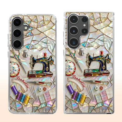 Personalized clear phone case featuring colorful sewing machine and craft design for seamstresses image 6