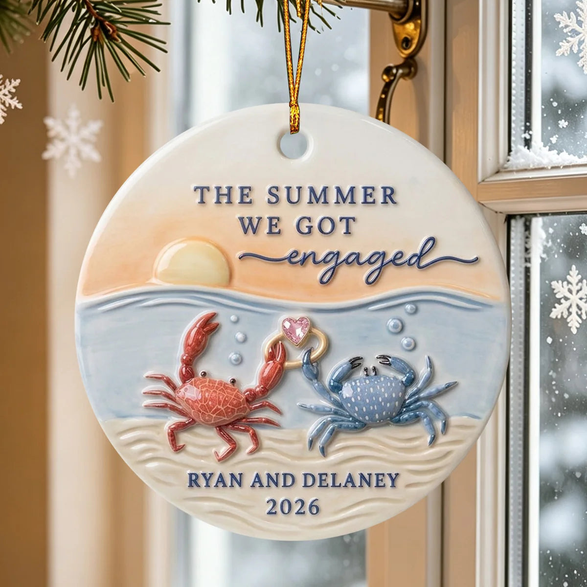 "The Summer We Got Engaged" Crab Ceramic Ornament - Custom Beach Proposal Keepsake for Couples