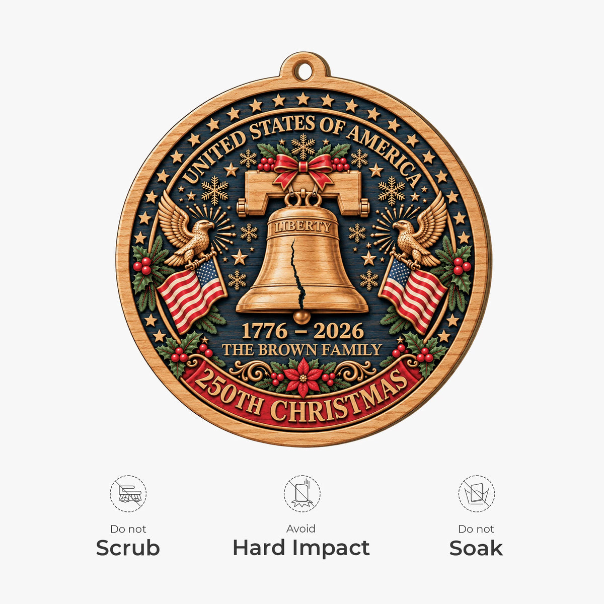 USA 250th Liberty Bell Personalized Wooden Ornament - Christmas Keepsake for Family