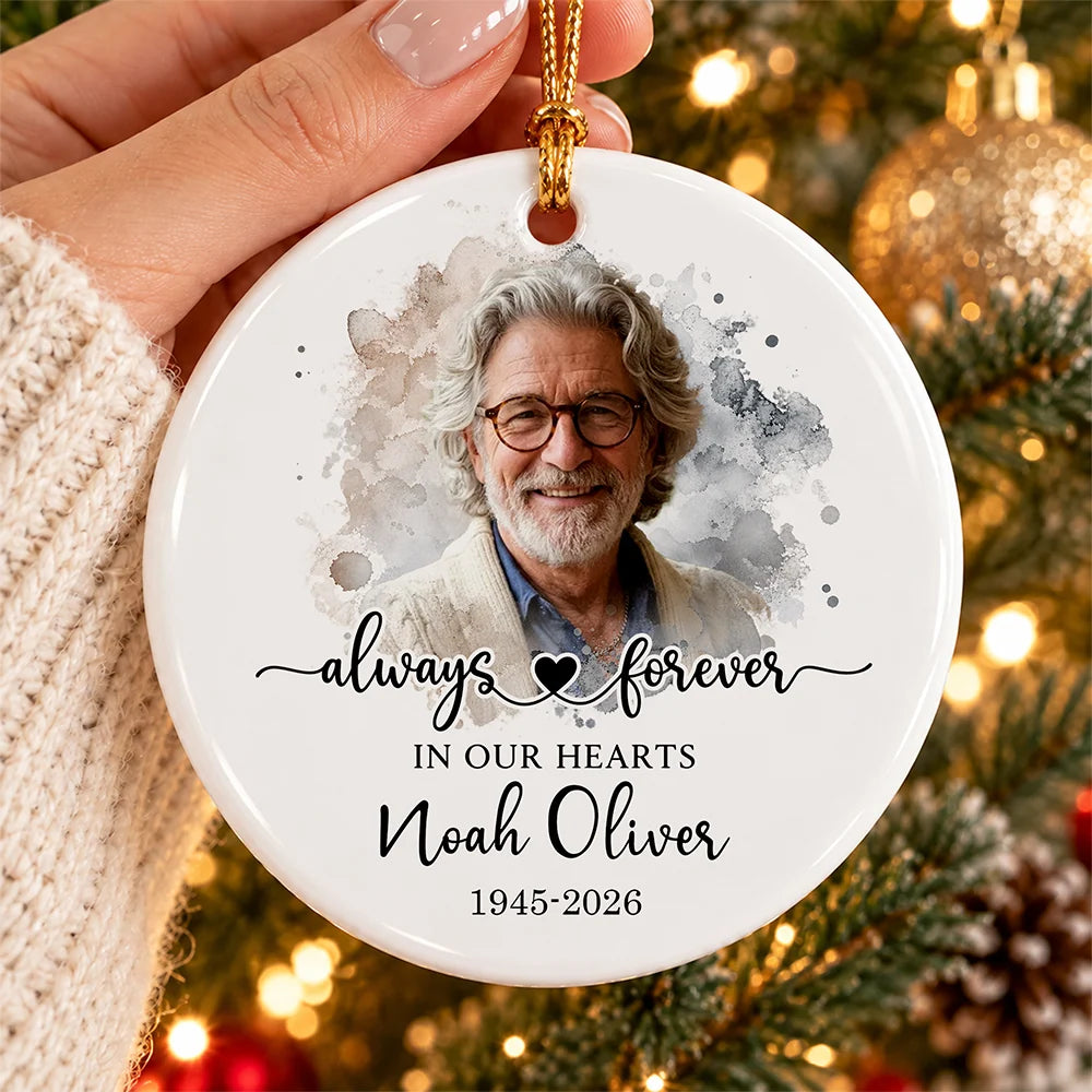Always Forever in Our Hearts Personalized Memorial Ornament - Custom Photo Ceramic Gift
