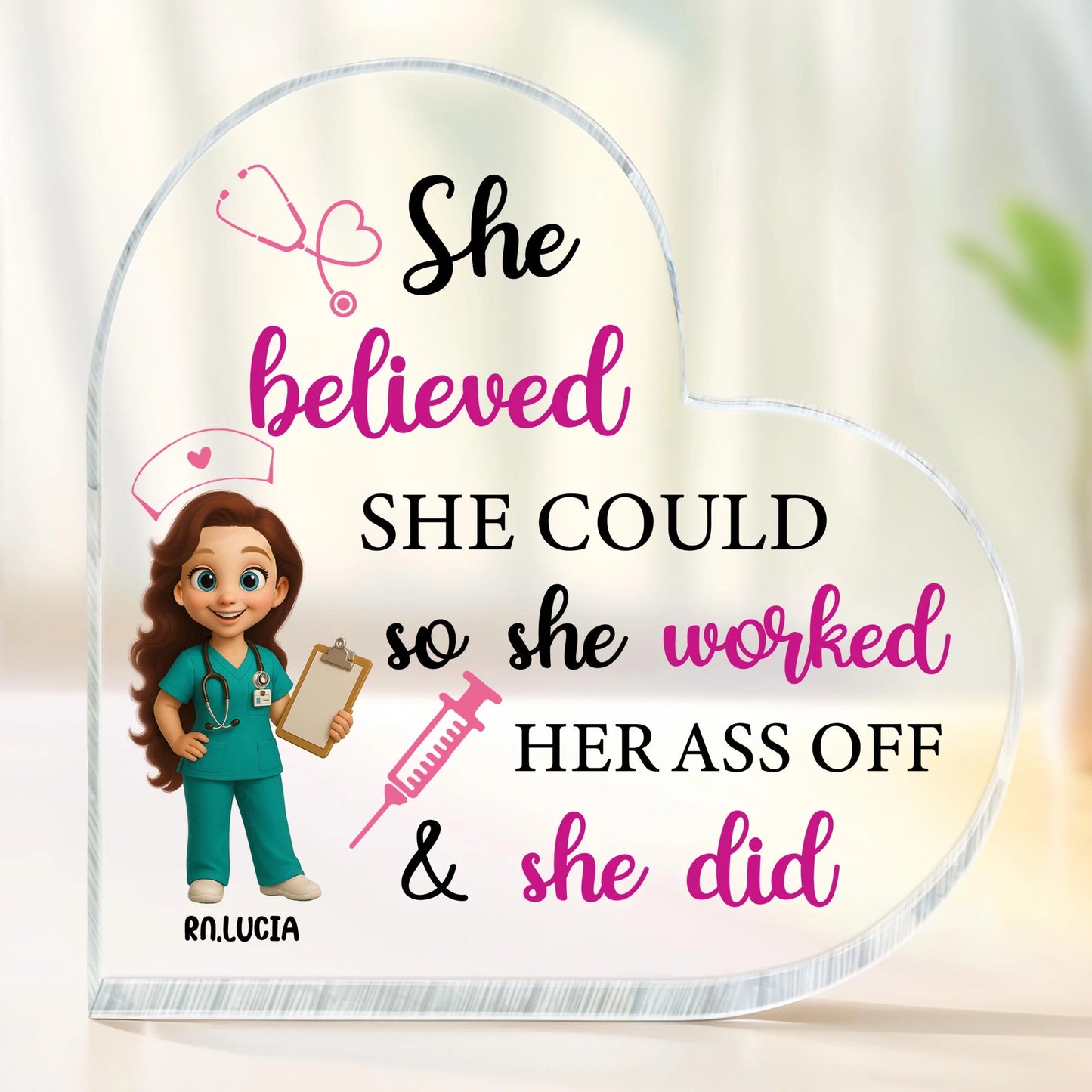 Personalized nurse acrylic plaque shaped like a heart with custom character name RN Lucia and motivational quote image 6