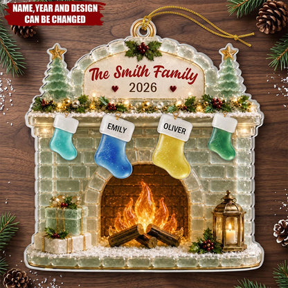 Fireplace Stockings Personalized Acrylic Ornament - Family Christmas Holiday Keepsake