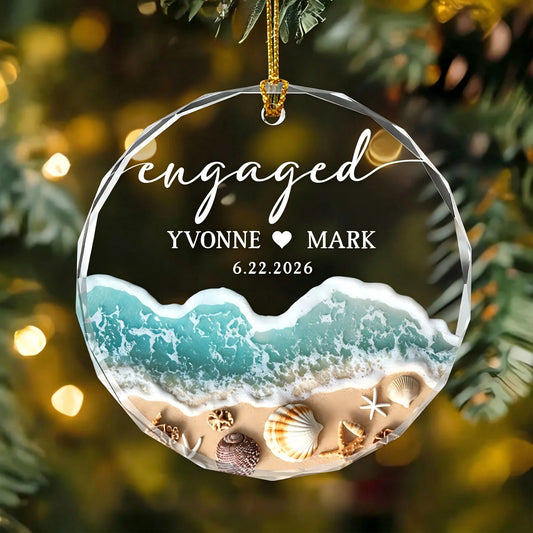 Engaged Beach Waves Personalized Glass Ornament - Custom Coastal Keepsake for Couples