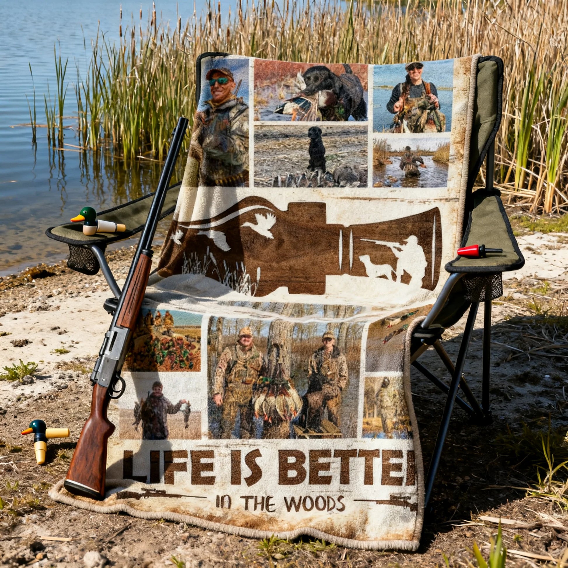 "Life Is Better in the Woods" Custom Hunting Photo Collage Blanket - Personalized Outdoor Gift for Duck Hunters