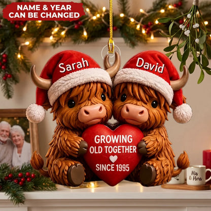 "Growing Old Together" Personalized Highland Cow Acrylic Ornament - Custom Christmas Gift for Couples