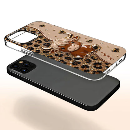 Highland cow personalized clear phone case with glitter leopard hearts for women image 7