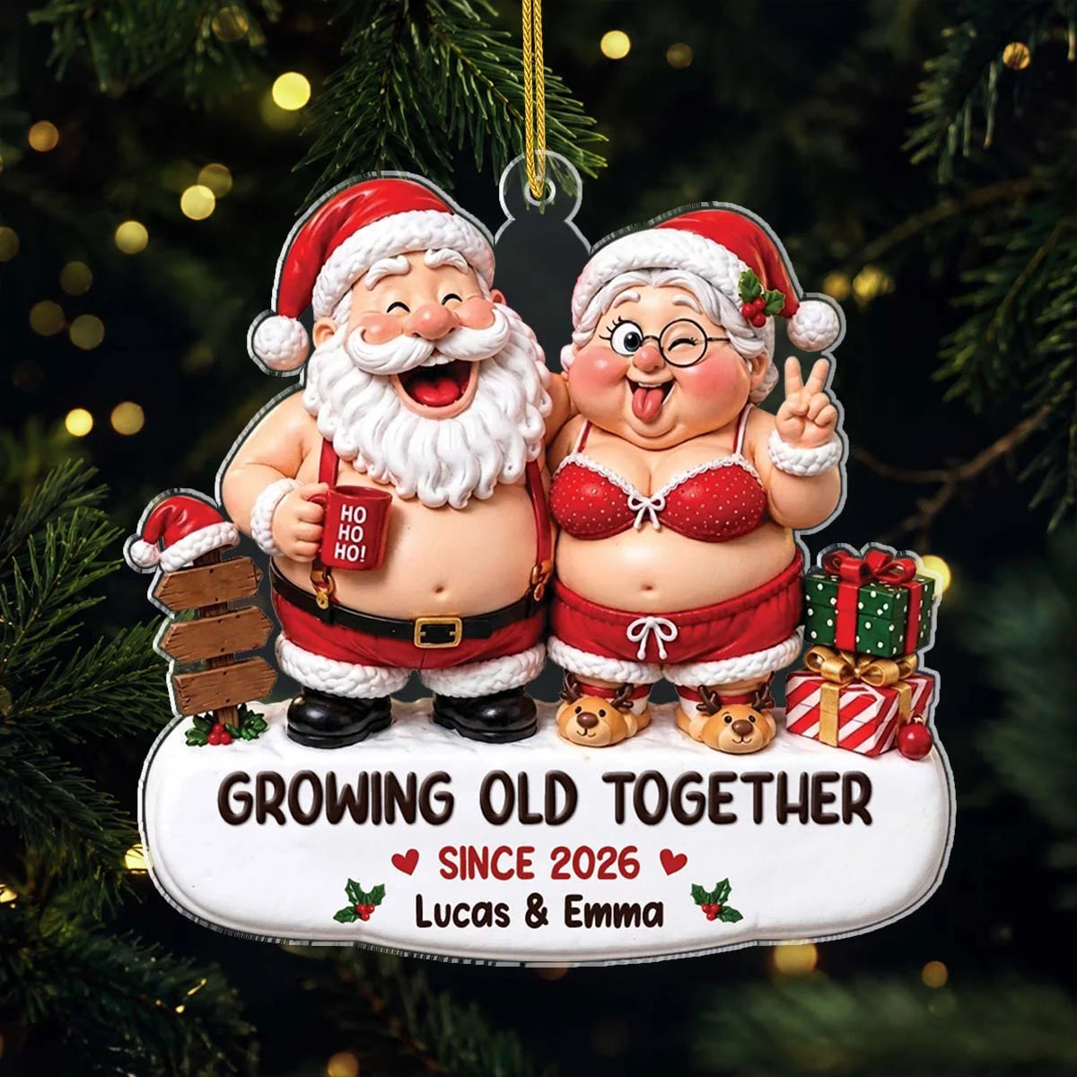 "Growing Old Together" Personalized Santa Couple Acrylic Ornament - Custom Christmas Keepsake for Husband & Wife