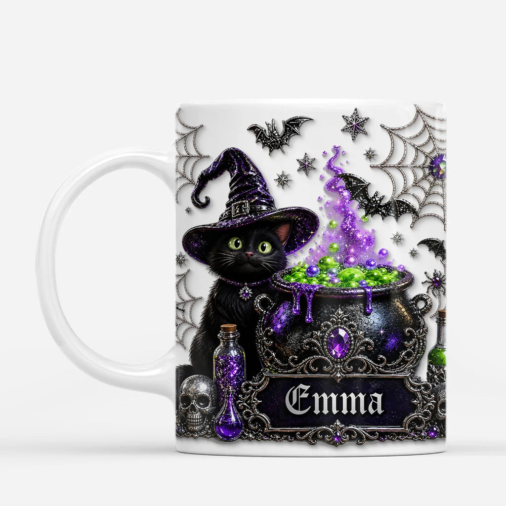 Witch Cauldron Personalized Halloween Cat Mug - Custom Spooky Fall Gift for Cat Lovers