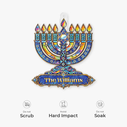 Stained Glass Menorah Ornament Personalized Hanukkah Keepsake - Custom Family Chanukah Gift