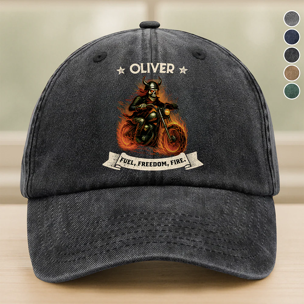 Custom biker baseball cap featuring a personalized name and a flaming skull motorcycle rider graphic image 6