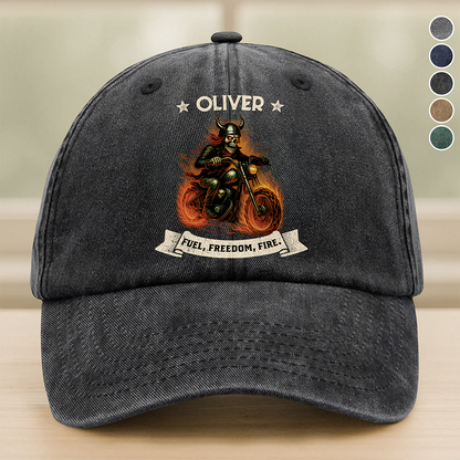 Custom biker baseball cap featuring a personalized name and a flaming skull motorcycle rider graphic image 6