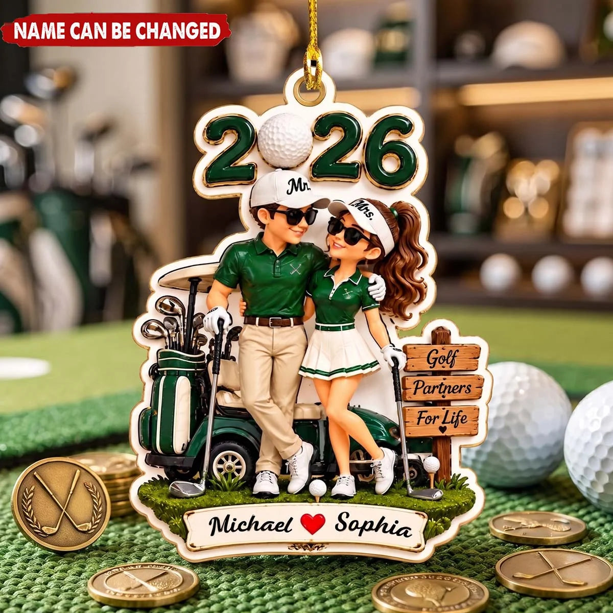 Golf Partners For Life Personalized Golf Couple Wooden Ornament - Custom Wooden Christmas Keepsake for Couples
