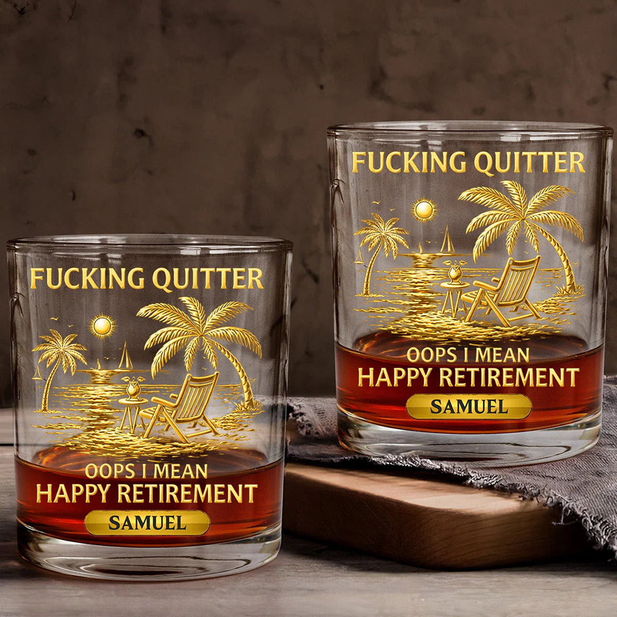 Personalized retirement whiskey glass with funny Fucking Quitter quote and custom name Samuel