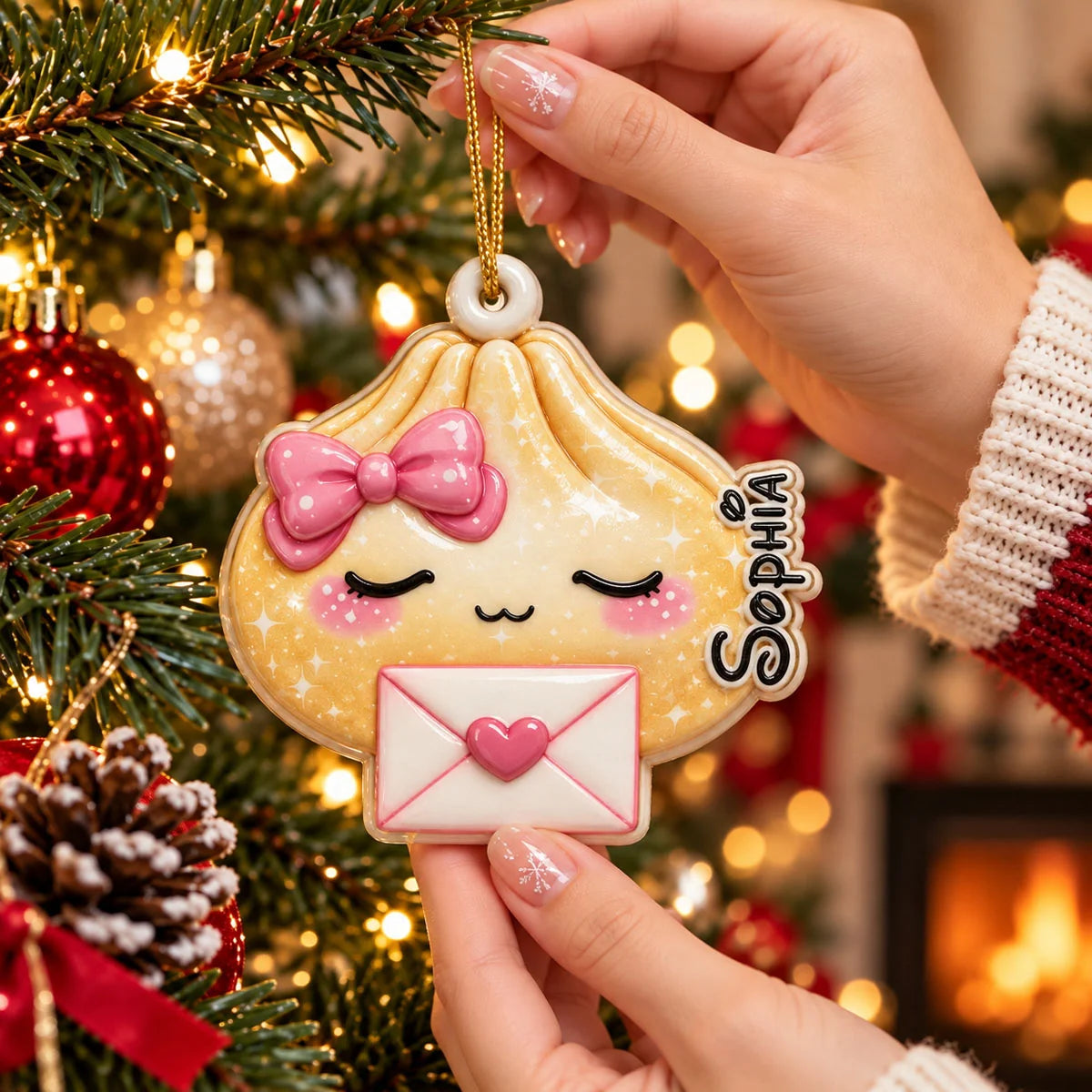 Cute Dumpling Personalized Wooden Ornament - Custom Name Keepsake for Family Christmas Tree