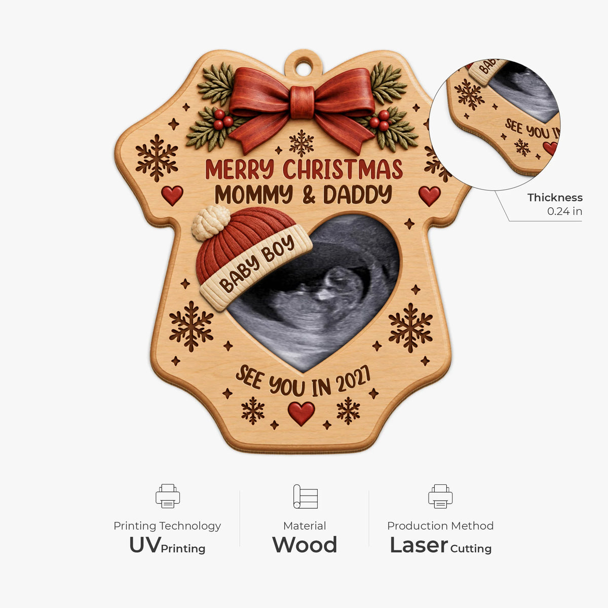 Merry Christmas Mommy & Daddy - Personalized Ultrasound Wooden Ornament for Expecting Parents