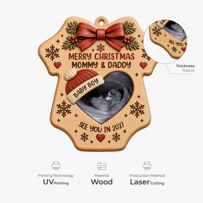 Merry Christmas Mommy & Daddy - Personalized Ultrasound Wooden Ornament for Expecting Parents