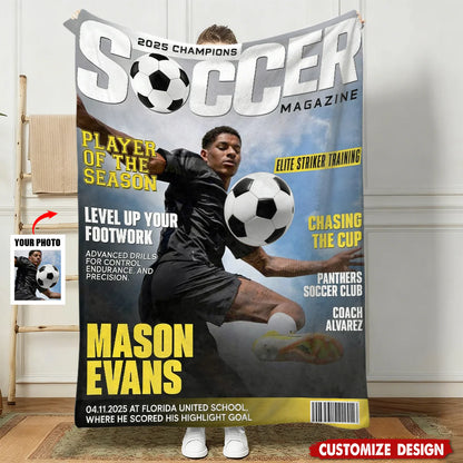 Personalized Soccer Magazine Blanket for Son/Grandson with personalized design details for meaningful gifting