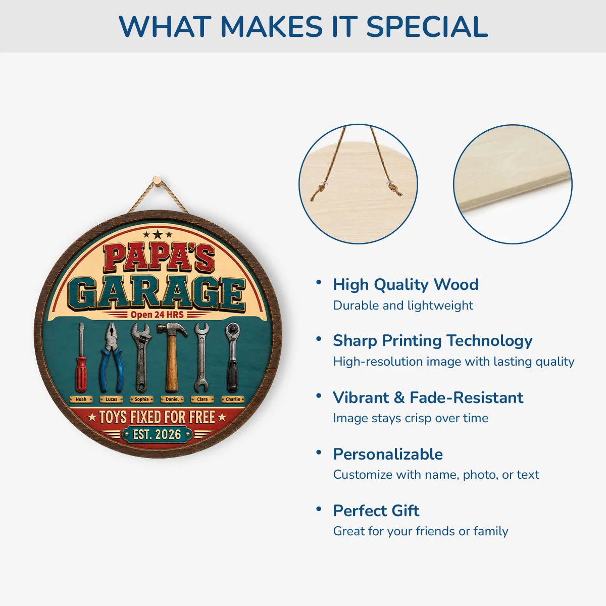 "Toys Fixed For Free" Personalized Garage Wood Sign - Custom Workshop Gift for Dad & Grandpa